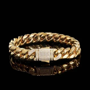 European American Hip Hop Spring Clasp Stainless Steel Cuban Chain Unisex Jewelry Accessories 18K Gold Bracelet