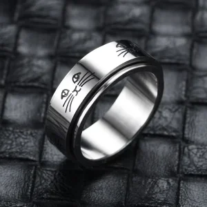 European American Hip Hop Style Fashion Rings Titanium Steel Decompression Anti Anxiety Popular Cat Rotating Ring