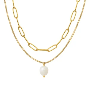 European American Ins Fashion Cold Style Vintage Women’s Freshwater Pearl Pendant Multi layer Electroplated Stainless Necklace