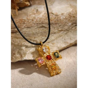 European American Ins Style 18K Gold Stainless Steel Rope Chain Zircon Hammer Cross Set Necklace Jewelry Women