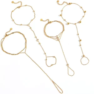 European American Ins Style Stainless Steel 18k Gold Plated Trendy Women’s Rice Bead Chain Niche High end Finger Bracelet