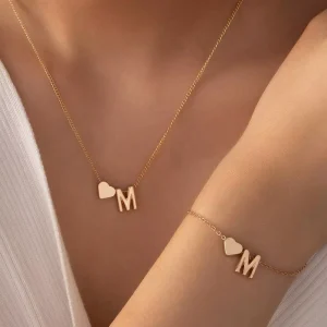 European American Ins Style Women’s Alloy Jewelry Set Vintage Fashionable Heart-shaped Letter Pendant Necklace with Link Chain
