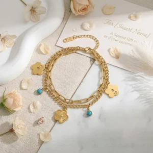 European American Instagram style Stainless Steel Charm Bracelet 18k Gold plated Double layered Five leaf Flower Design Gift