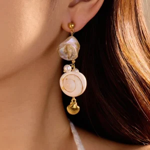 European American Light Luxury High End Sense Women’s Shell Pearl Tassel Stainless Steel Electroplated Headscarves Earrings