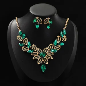 European American Luxury Bride Crystal Fashion Jewelry Set Gold Plated Alloy Necklace Banquet Dress Accessories Colorful Stylish