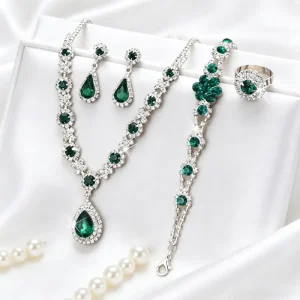 European American Luxury Crystal & Gemstone Waterdrop Necklace Earrings Bracelet Ring Set