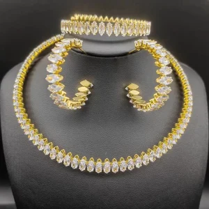 European & American Luxury Zircon Collar Earrings Bracelet 3 Piece Trendy Choker Jewelry Set Gold Plated for Anniversary