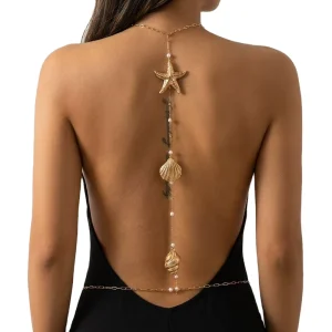 European American Marine Series Women’s Holiday Style Starfish Conch Shell Pearl Iron Chain Body Chain