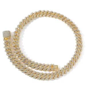 European American Men’s 14mm Zircon Cuban Chain Necklace Gold Plated with Copper Inlaid Zircon Box Clips Bar Style