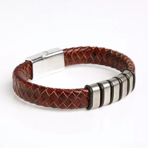 European American Men’s Hand Woven Leather Stainless Steel Bracelet Charm Bracelets