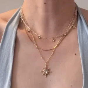 European American Multi Layered Star and Sun Pendant Necklace Trendy Sparkling for Women Jewelry Gift