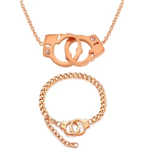 European American Popular Simple Fashion Handcuffs Necklace Set Interlocking Stainless Steel Couple Gift Female Bracelet