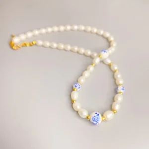 European American Retro Ceramic Cultured Pearl Handmade Beaded Fashion Necklace Female Niche Design High-grade All-match