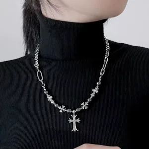 European American Retro Gothic Style Titanium Resin Black Silver Bamboo Beaded Cross Necklace Simple Unisex High end Pendant