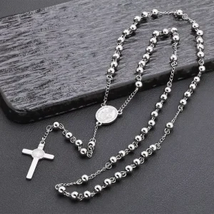 European American Retro Stainless Steel Beaded Chain 6mm Niche Design High-end Cross Long Rosary Necklace Unisex