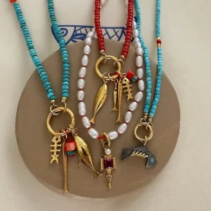 European American Retro Turquoise Freshwater Pearl Beaded Necklace Animal Small Fish Pendant Clavicle