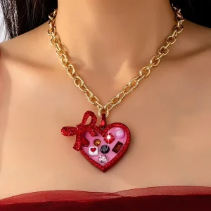 European American Simple Girly Style Pink Heart Rhinestone Pendant Necklace Women Thin Chain Clavicle Jewelry