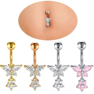European American Special New Zircon Butterfly Flower Navel Jewelry 10mm Bar Belly Ring Piercing Accessory for Ladies