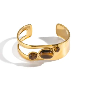 European American Stainless Steel Hollow Pearl Women’s Natural Stone Cuff Bracelet Electroplated Fashion Style