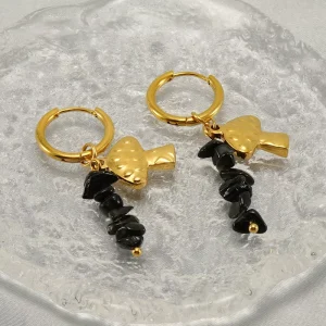 European American Stainless Steel Natural Stone Mushroom 18k Gold Fan-shaped Earrings