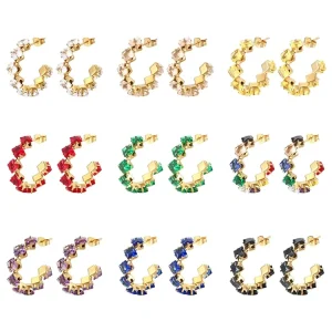 European American Stainless Steel Square Claw Colorful Zircon Earrings Jewelry SS-156