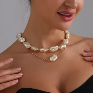 European American Style Baroque Inspired Fashionable Double Layered Gold Plated Alloy Necklace Faux Rice Shape Pearl Women’s