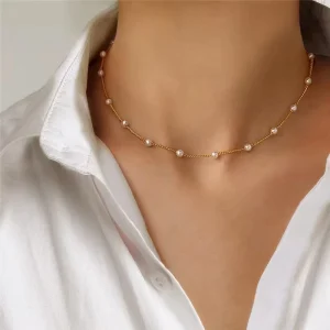 European American Style Cross border Imitation Pearl White Necklace Women’s High end Simple Fashion Short Clavicle Chain