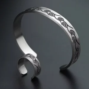 European American Style Feather Leaf Retro Men’s Stainless Steel Ring and Bracelet Jewelry Set