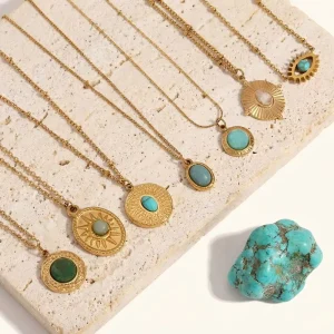 European American Style Stainless Steel 18K Gold Plated Turquoise Pendant Necklace Link Chain Trendy Daily Jewelry for Women