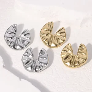 European American Style Stainless Steel Stud Earrings in 18K Gold Plated Colorfast Pleated Design