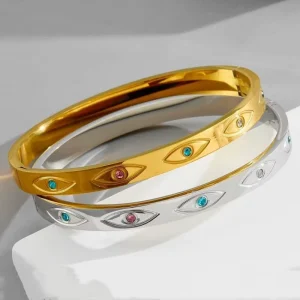 European American Style Titanium Steel Silver 18K Gold Plated Zircon-Encrusted Sun Eye Devil Eye Bracelet Bangles