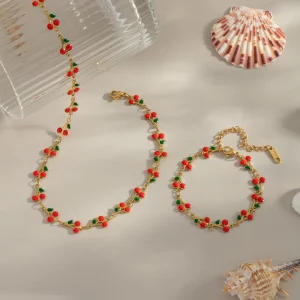 European American Style Trendy Alloy Fruit Shaped Charm Bracelets Crystal Rhinestone Colored 10K Gold Plated Women’s Party Red