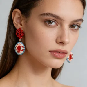 European American Summer Earrings Ceramic Printed Blue Series Oval Lobster Koi Coral Earrings Ocean Style Jewelry for Women