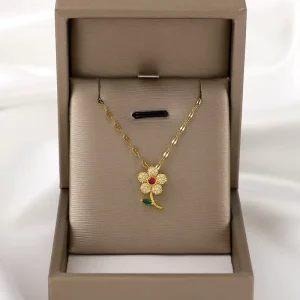 European American Sunflower Green Leaf Pendant Necklace