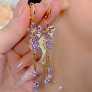European American Trend Diamond Encrusted Purple Exquisite Flower Leaf Tassel Women’s Drop Earrings Alloy Fashion Ear