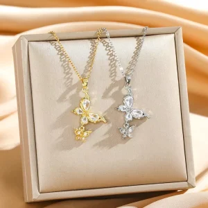 European American Trendy Creative Light Luxury Double Butterfly Copper Bamboo Chain Necklace for Women Pendant