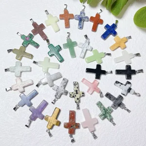 European American Trendy DIY Necklace Fashion Cross Pendant Natural Crystal Leather Cord Clavicle Chain Cross Border Accessory