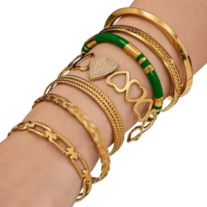 European American Trendy Design Geometric Hollow Circular Stainless Steel Bracelet Set PVD Gold Plated Fashionable Bangle