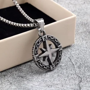 European American Vintage Stainless Steel Bamboo Chain Pendant for Both Men Women Fashionable Single Sided Compass Party