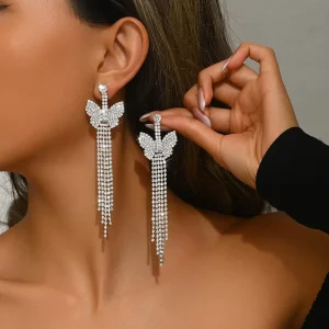 European American Women’s Cute Party Long Fashion Copper Drop Earrings Pair Trendy Butterfly Wing Shape Crystal Rhinestone