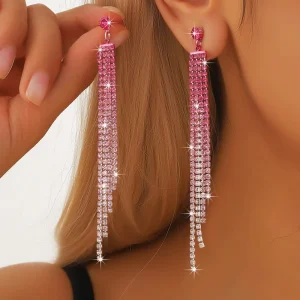European American style Fashion Exaggerated Crystal Rhinestone Tassel Women’s Elegant Socialite Long Drop Electroplated Earrings