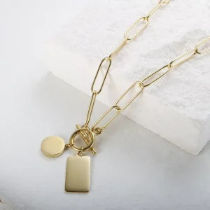 European American style Minimalist Gold toned OT clasp Bamboo Chain Necklace Square Pendants Made Copper