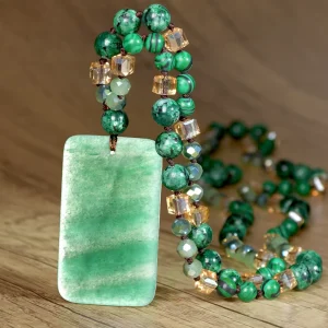 European American style square Green Aventurine Pendant Necklace Womens Vintage Natural Stone Hand knotted Copper Bamboo