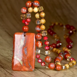 European American style square Red Agate Pendant Necklace Women Hand knotted Bamboo Copper Long length Fashion Accessory