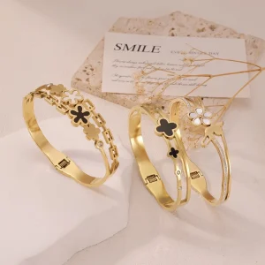 European AmericanTrend Stainless Steel Flower Electroplated Diamond Women’s Elegant Trendy Bangle Bracelet Fashion Jewelry