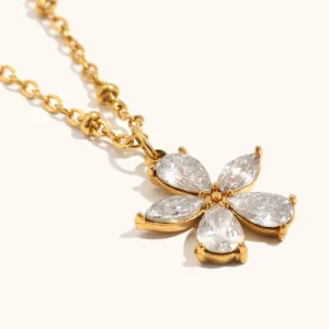 European And American Stainless Steel Plated 18K Gold Light Luxury High end Ins Petal Zircon Clip Bead Chain Necklace Pendant