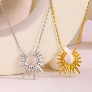 European Ins Titanium Steel Gold Plated Link Chain Sun Pendant Necklace for Spiked Sunburst Design Romantic Party Wear