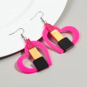 European Pink Sequins Fashion Drop Earrings for Women Sexy Lipstick Hollow Heart Large Pendant Acrylic Exaggerated Design