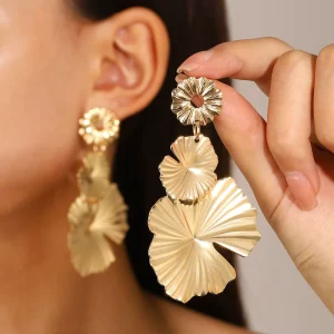 European Retro Style Long Alloy Flower Drop Earrings Exaggerated Leaf Flower Jewelry