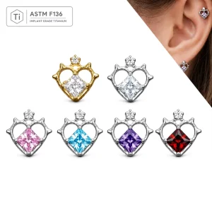 European Style ASTM F136 Titanium Heart Zircon Labret Stud Gold Steel Cartilage Body Jewelry
